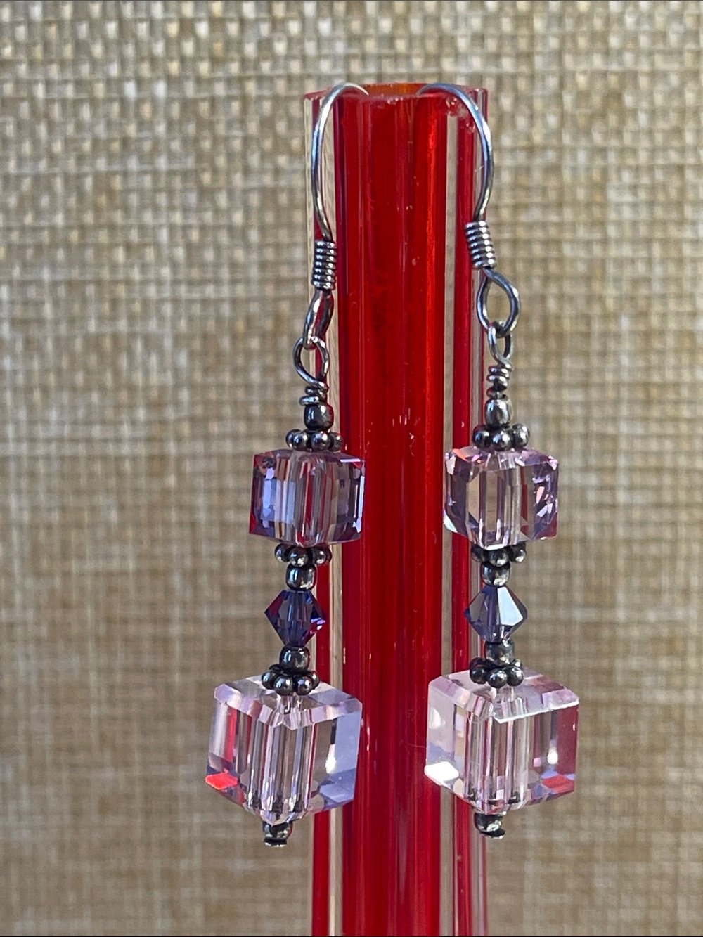 Artisan silver-tone French wire earrings with pink & lavender square crystals